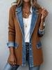 Women's Point Collar Long Sleeve Color Block Jacket Loose Fit Streetwear Denim Patchwork Blazer