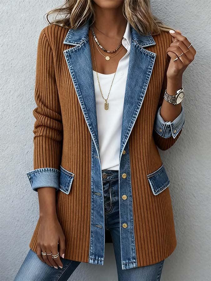 Women's Point Collar Long Sleeve Color Block Jacket Loose Fit Streetwear Denim Patchwork Blazer