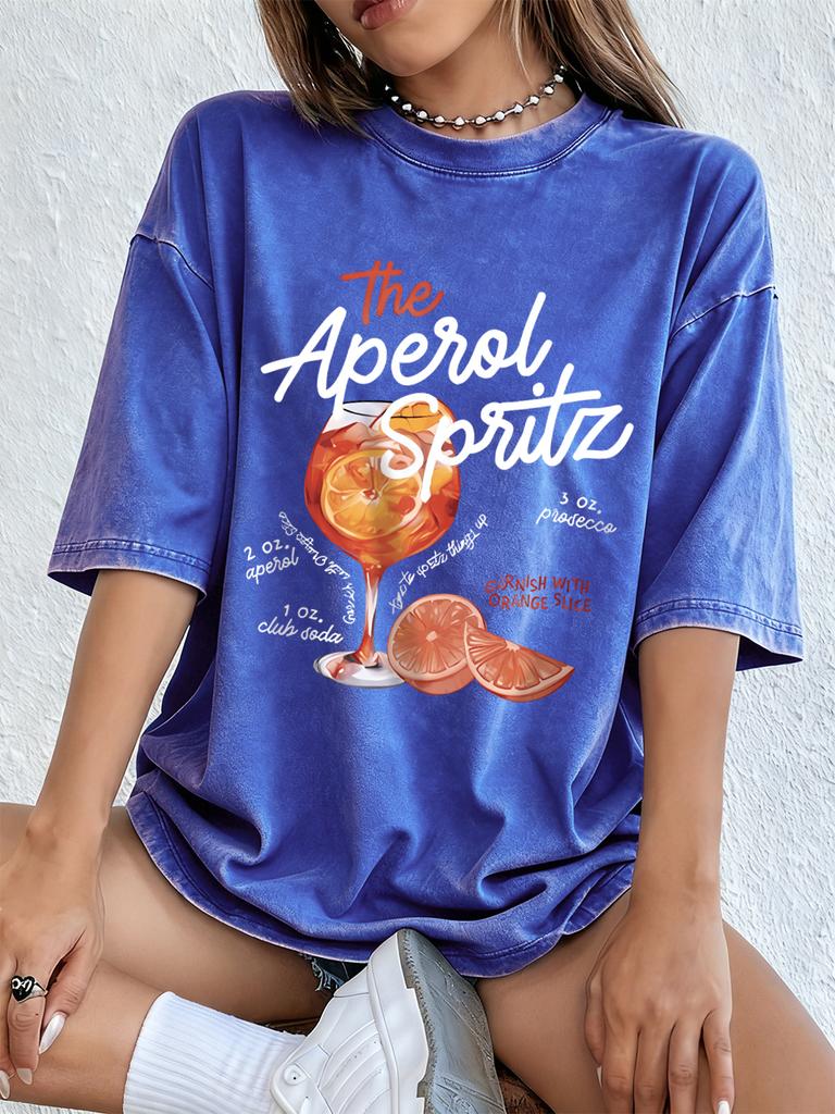 Aperol Spritz Lemon Prints Washed TShirts Womens Cotton Oversized T Shirt Summer Soft Short Sleeve Tops Hip Hop ONeck Clothes