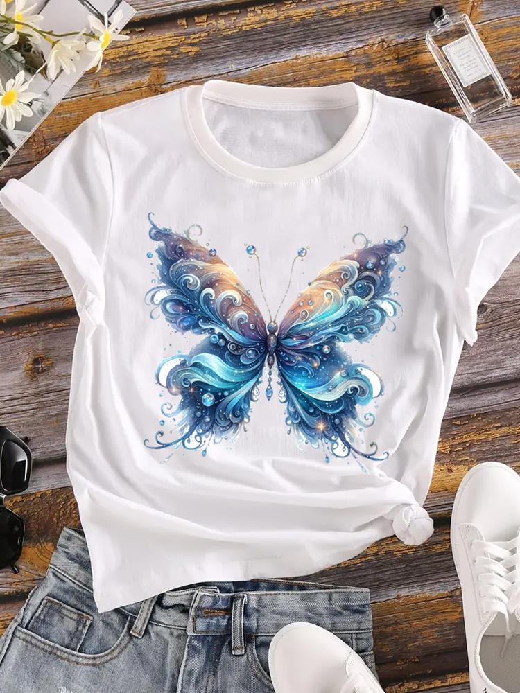 (Asian Size) trend butterfly style o-neck T Shirt Printed Female Top Lady Clothing Casual Fashion Women Graphic Tee Short Sleeve T-shirts