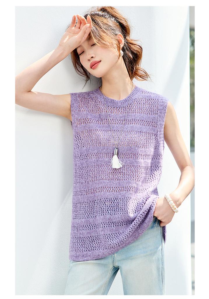 Fashionable 26 year summer outfit, layered on top, round neck, hollowed out knitted vest, knitted sweater, shoulder cut top, women's clothing