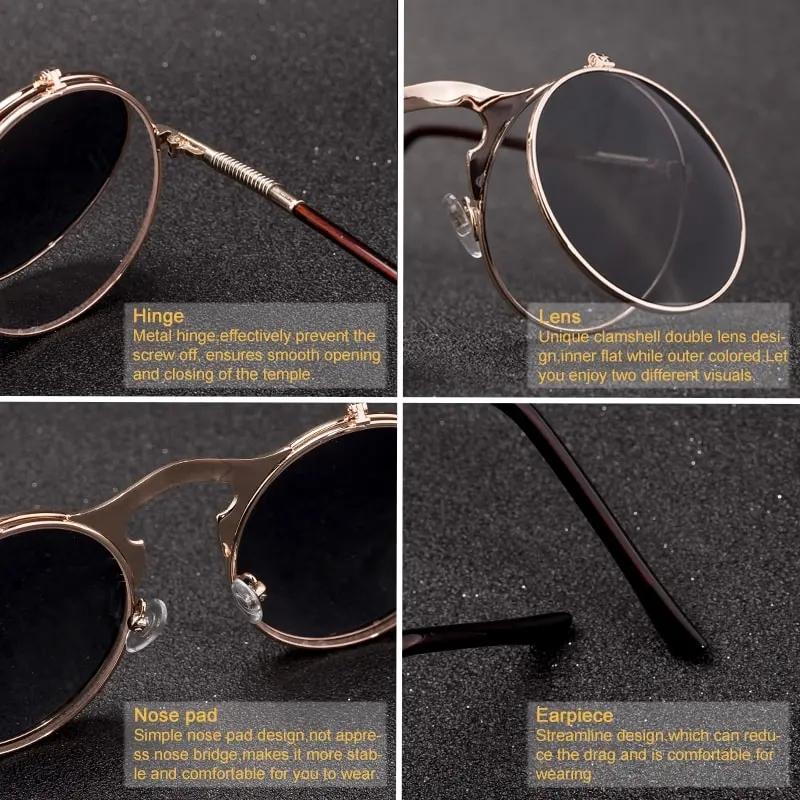 Vintage Style Steampunk Flip Sun Glasses Men's Retro Style Round Metal Material Sun Eyeglasses for Women's Brand Designer Fashion Circle Shades