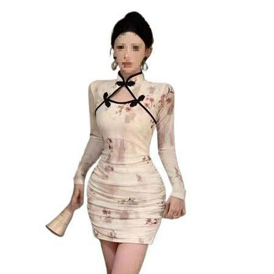 Elegant Chinese National Style Floral Cheongsam Dress - Spring Long Sleeve, Waist-Cinching, Slim Hip-Hugging Skirt with Frog Button Design.