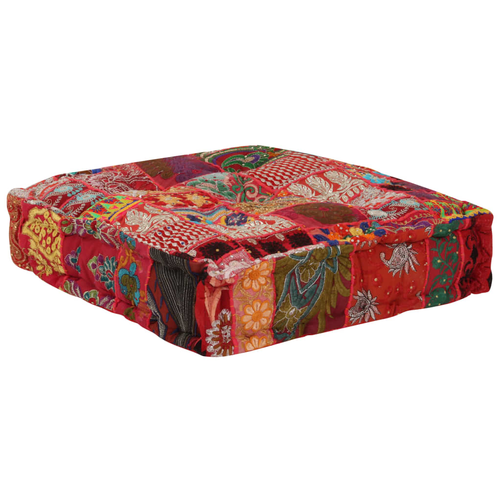Patchwork Square Pouf Cotton Handmade 50*50*12 cm Red