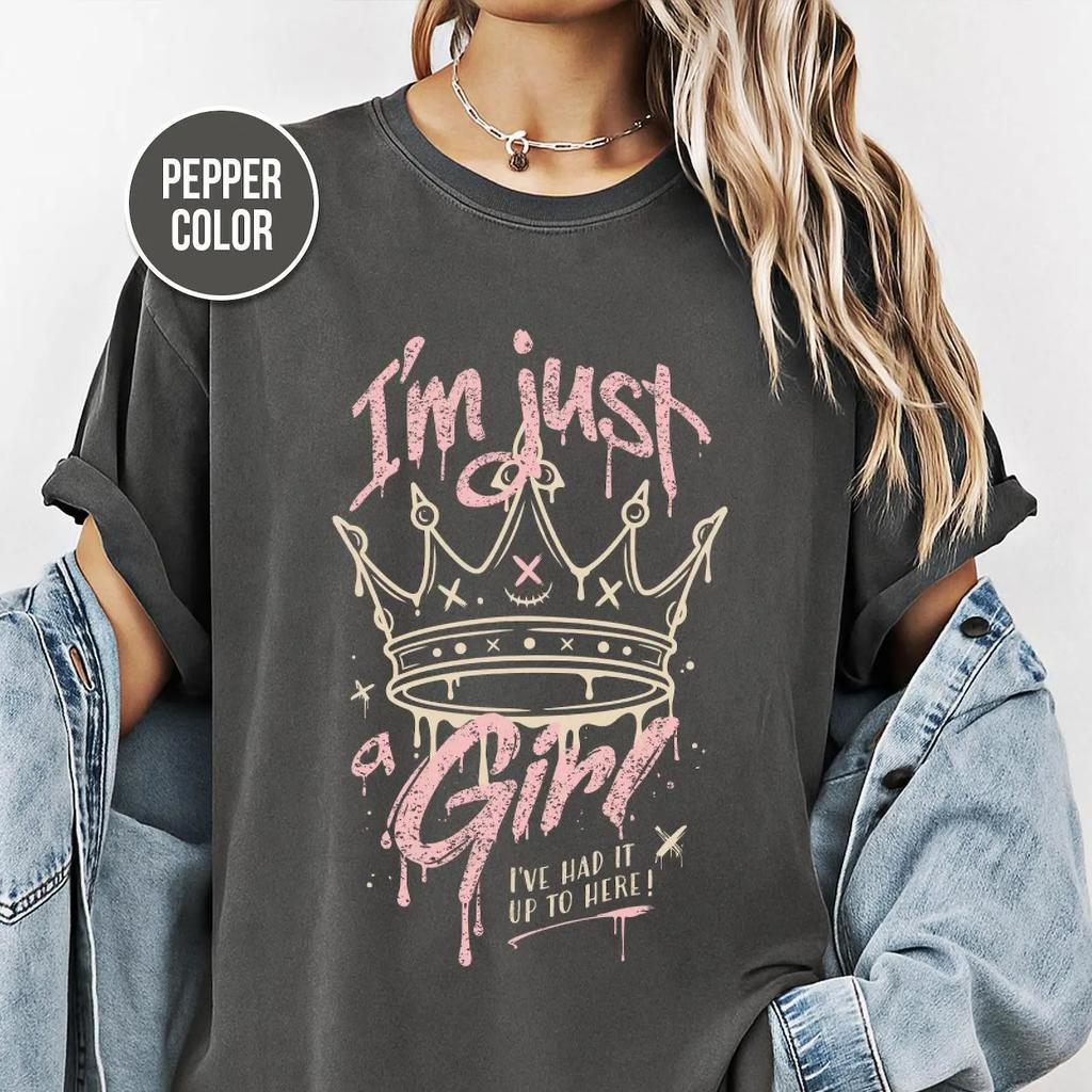 Unisexs Vintage Cotton Oversized Streetwear Im Just A Girl Slogan Short Sleeve All Season Casual Summer Tee