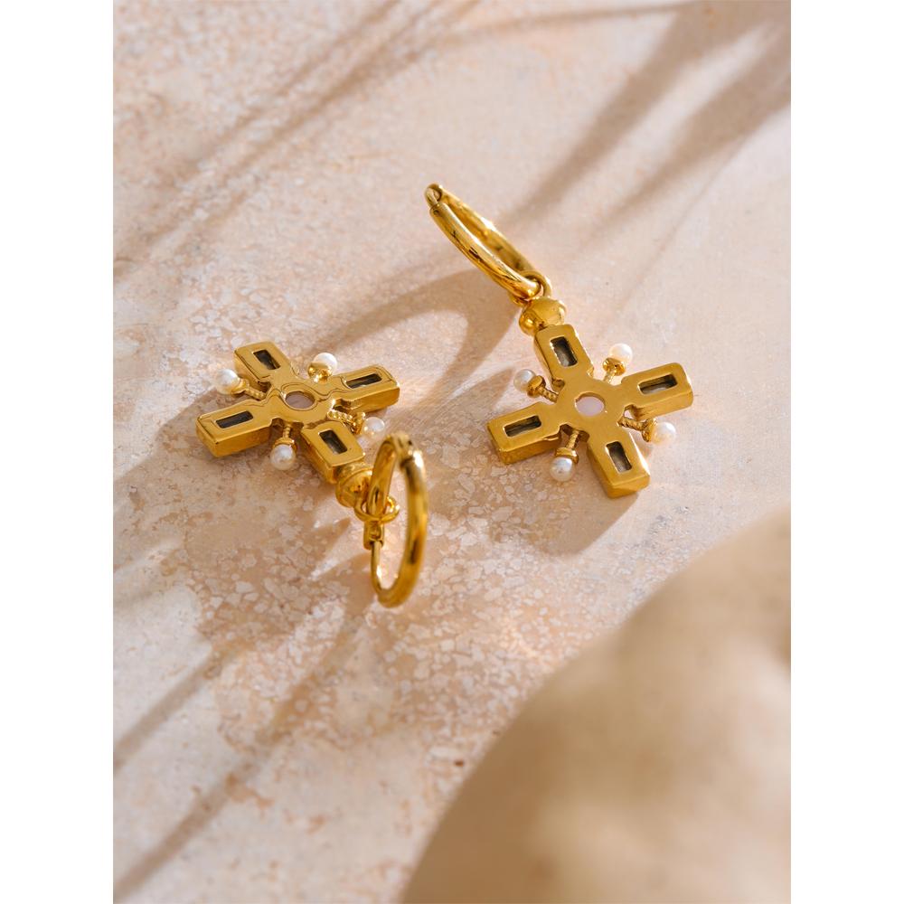 Yhpup High Quality Zirconia Pearls Cross Drop Hoop Earrings Golden Stainless Steel Temperament Arrivals Daily Jewelry Gift