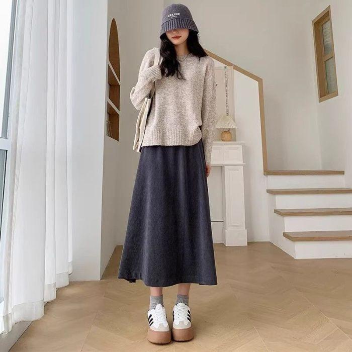 Women's Corduroy High-Waist Straight Midi Skirt - Celebrity Style Autumn/Winter Slim Fit