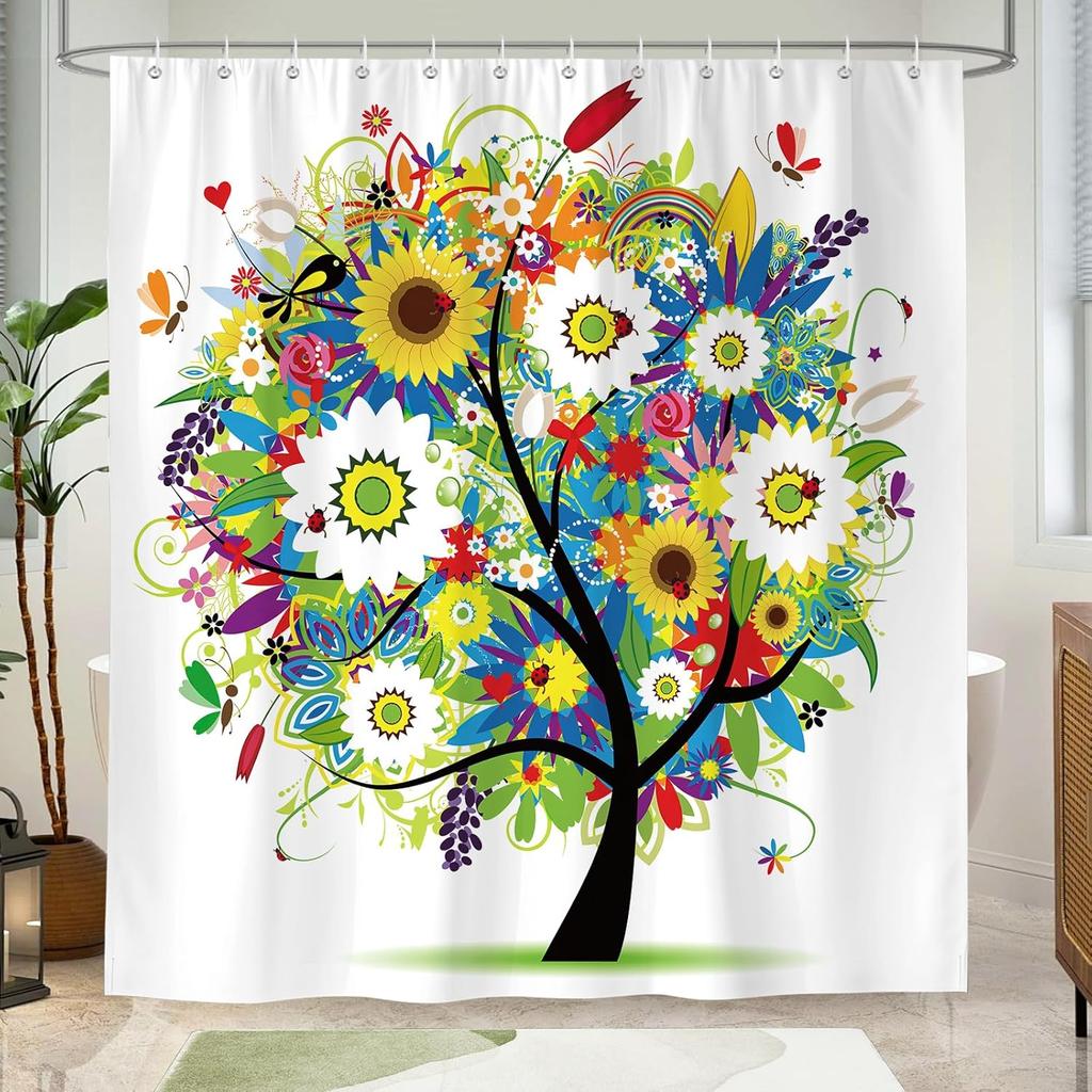 Tree of Life Shower Curtain,Art Colorful Tree Butterfly Leaves Waterproof Polyester Fabric Bathroom Curtain with 12Plastic Hooks