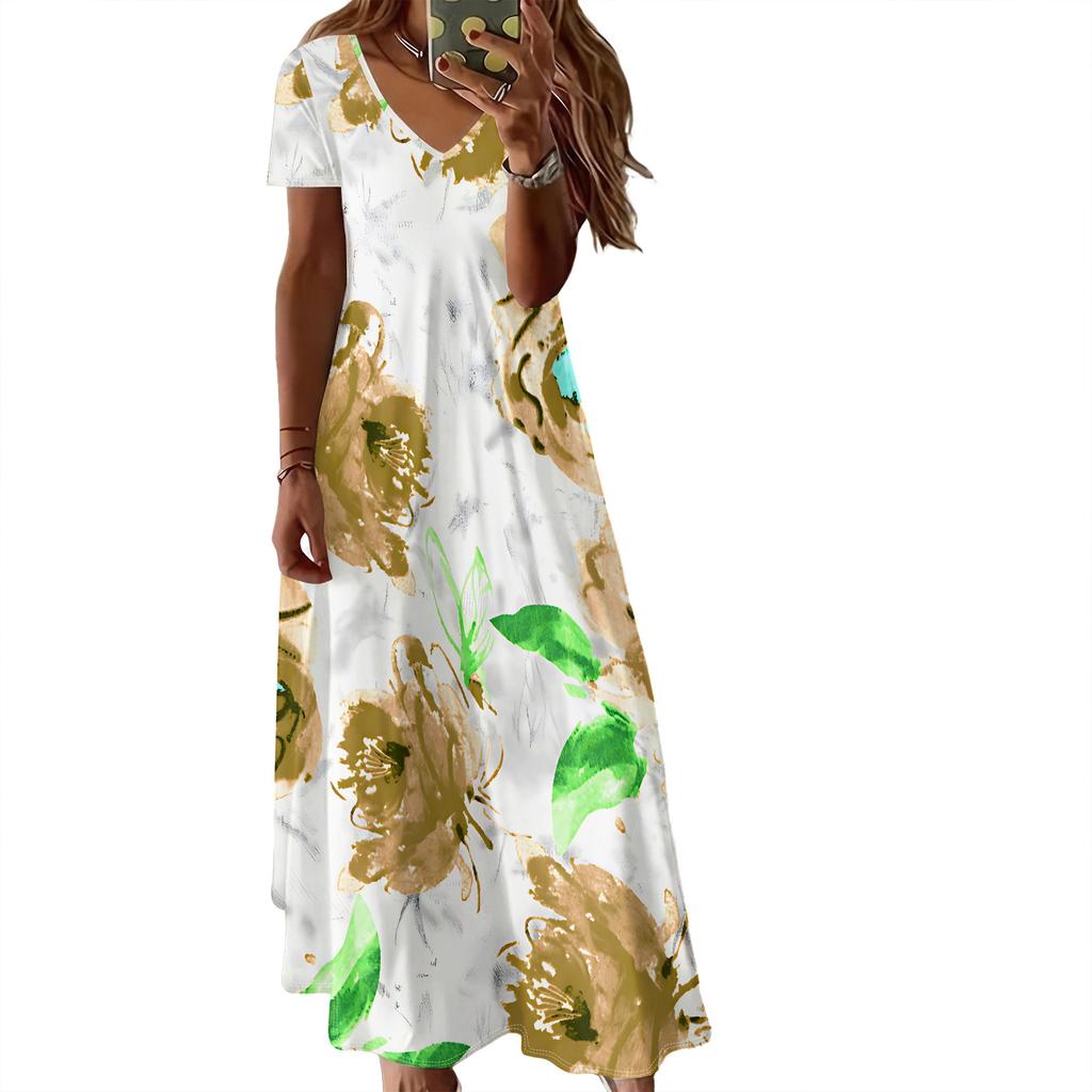 Summer Women's Short Sleeved V-neck Long Dress, 3D Fashionable Printed Pattern Dress, Casual Vacation Style.