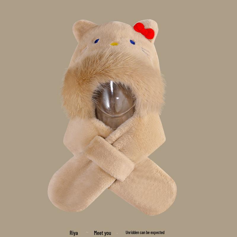 Women's Cozy Fox Ear Plush Hat with Integrated Scarf - Warm, Soft Lei Feng Design for Autumn and Winter. Perfect Ear Protection for Students.