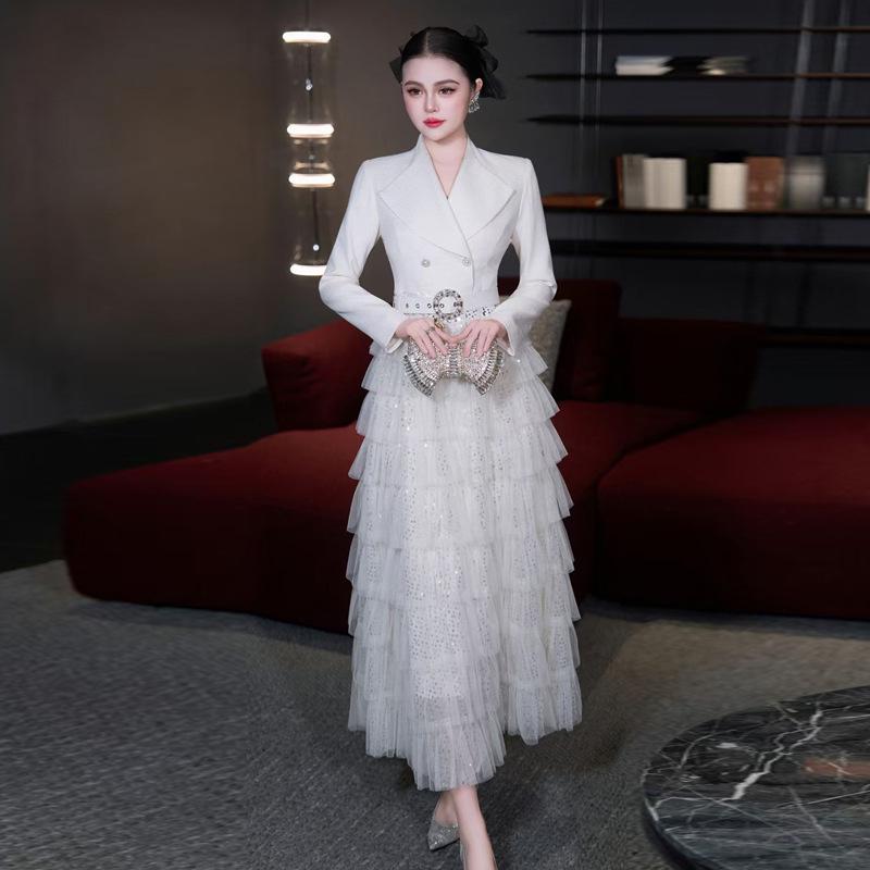 

Women s Spring/Autumn 2025 Double-Breasted Sequin Mesh Gown with Lapel and Long Sleeves L абрикосовый