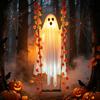 Autumn Garden Landscaping Props Halloween Hanging Swing Ghost Decoration with Maple Leaf, LED Lighted Large Spooky Funny White Ornament Swinging
