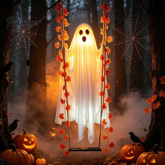 Autumn Garden Landscaping Props Halloween Hanging Swing Ghost Decoration with Maple Leaf, LED Lighted Large Spooky Funny White Ornament Swinging