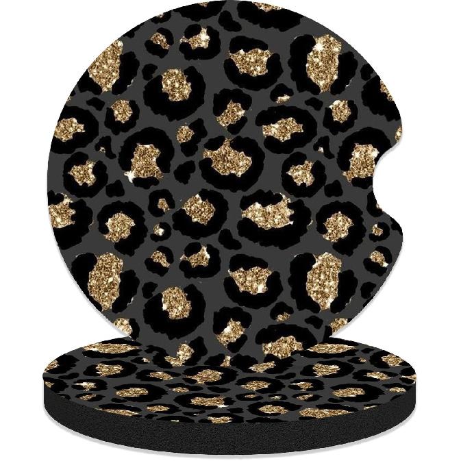 Car Coasters for Cup Holders, 2 Pack Anti Slip Universal Rubber Car Cup Coaster for Women Men, Car Interior Accessories - Black Gold Leopard Print