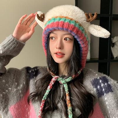 Women S Cute Antler Plush Hat Winter Warm Ear Flap Knit Beanie