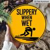 2D Flat, 1pc Round Aluminum Hanging Sign - "Slippery When Wet" Safety Warning Metal Wall Art, Yellow & Black Retro Caution Design, Perfect for Pool