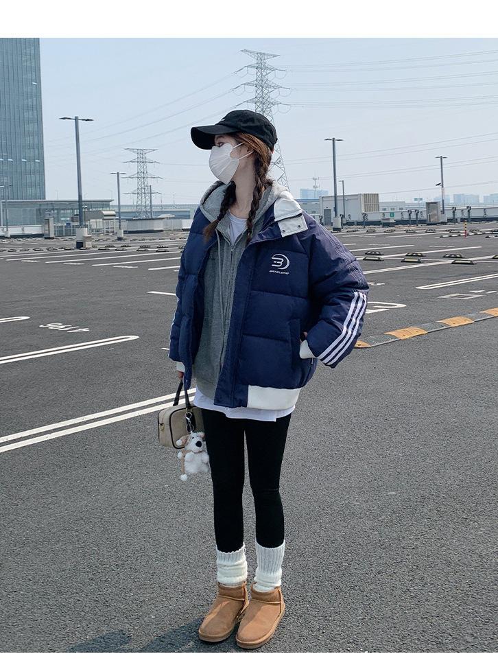 Padded jacket women's new winter student American retro high street striped padded jacket bread jacket thickened padded jacket