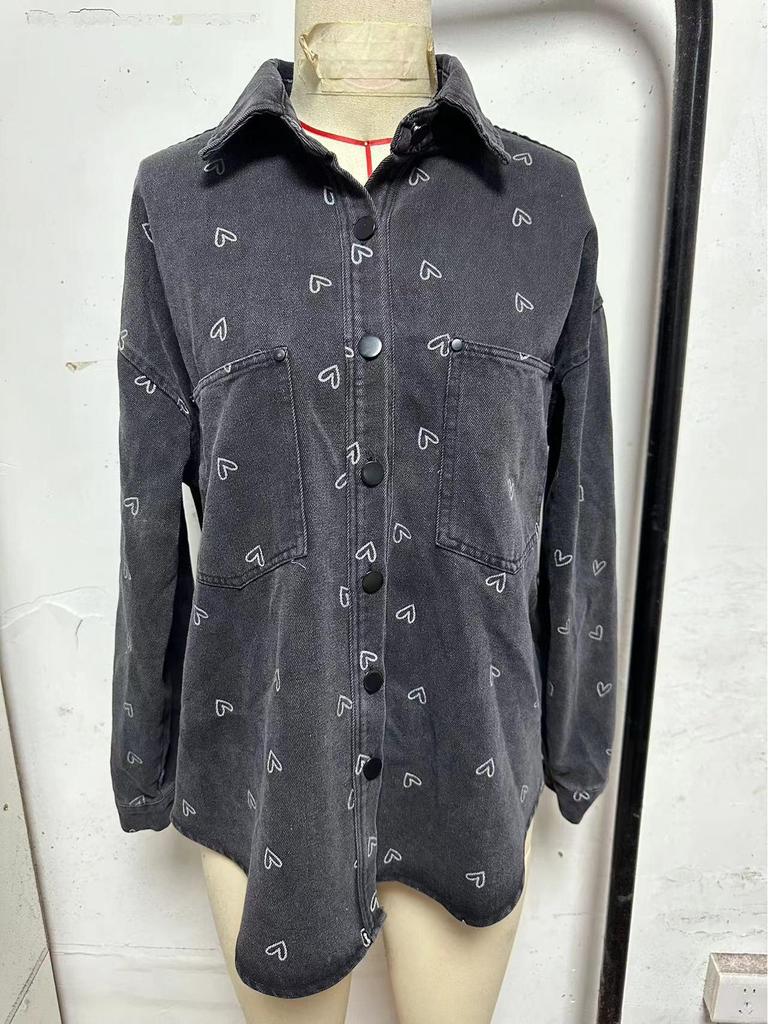 2025 European & American Style Plus Size Women's Retro Heart Print Denim Shirt Jacket