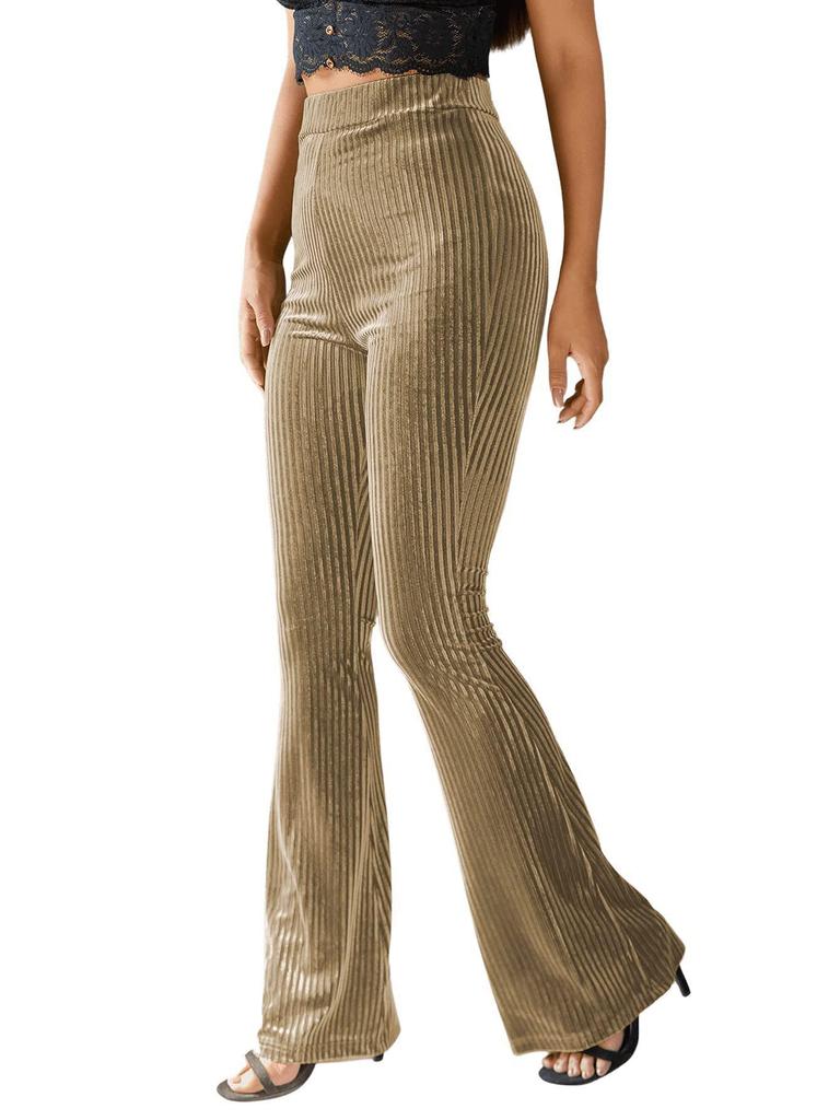 Women's Fashion Sexy High Waist Gold Velvet Ribbed Flared Pants