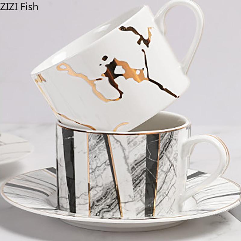 Gilded Marble Texture Ceramic Cup&saucer Dining Table Coffee Cup Milk Tea Mugs Afternoon Tea Teacup Fruit Juice Container