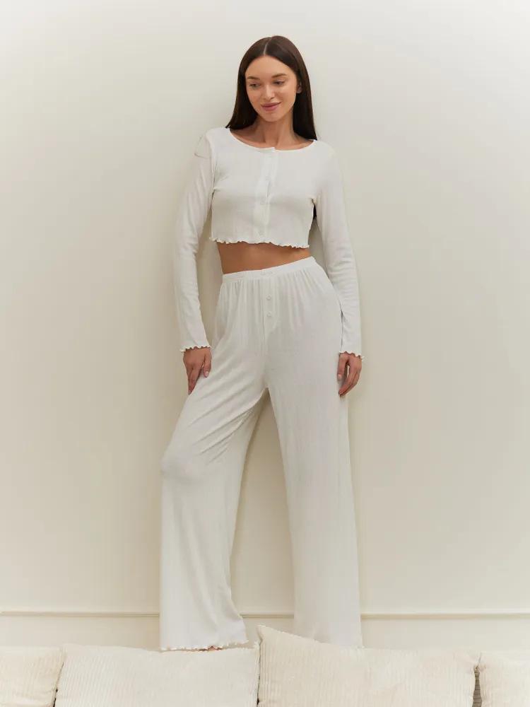 2025 European & American Autumn/Winter Knitted Cotton-Blend Long Sleeve Pant Set for Women