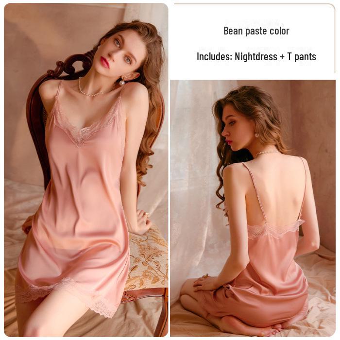 2024 Women's Sexy Ice Silk Lace Nightdress with Stylish Back