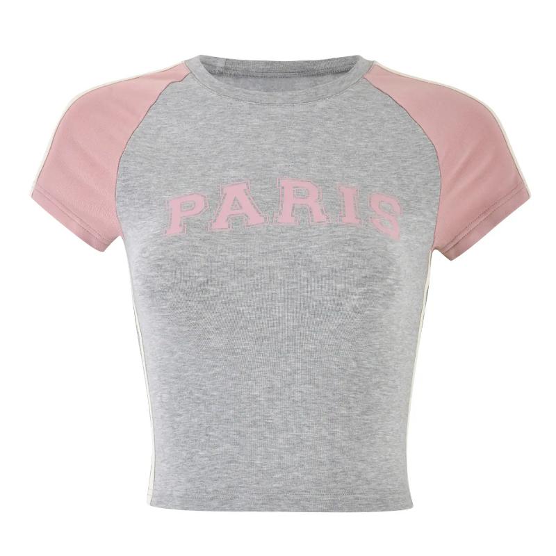 

Y2K буквенный принт облегающий сексуальный летний круглый вырез футболка рукав уличный ретро топ L светло-серый