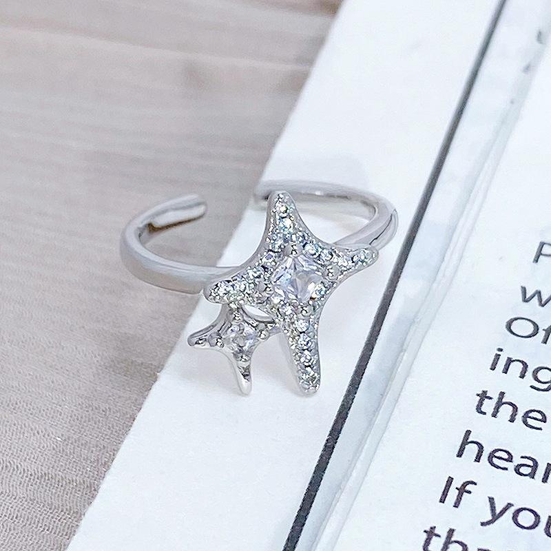Quadrangram Star Sparkling Diamond Zir*****Pen Ring Personality Sweet Cool Star Niche Ring Woman