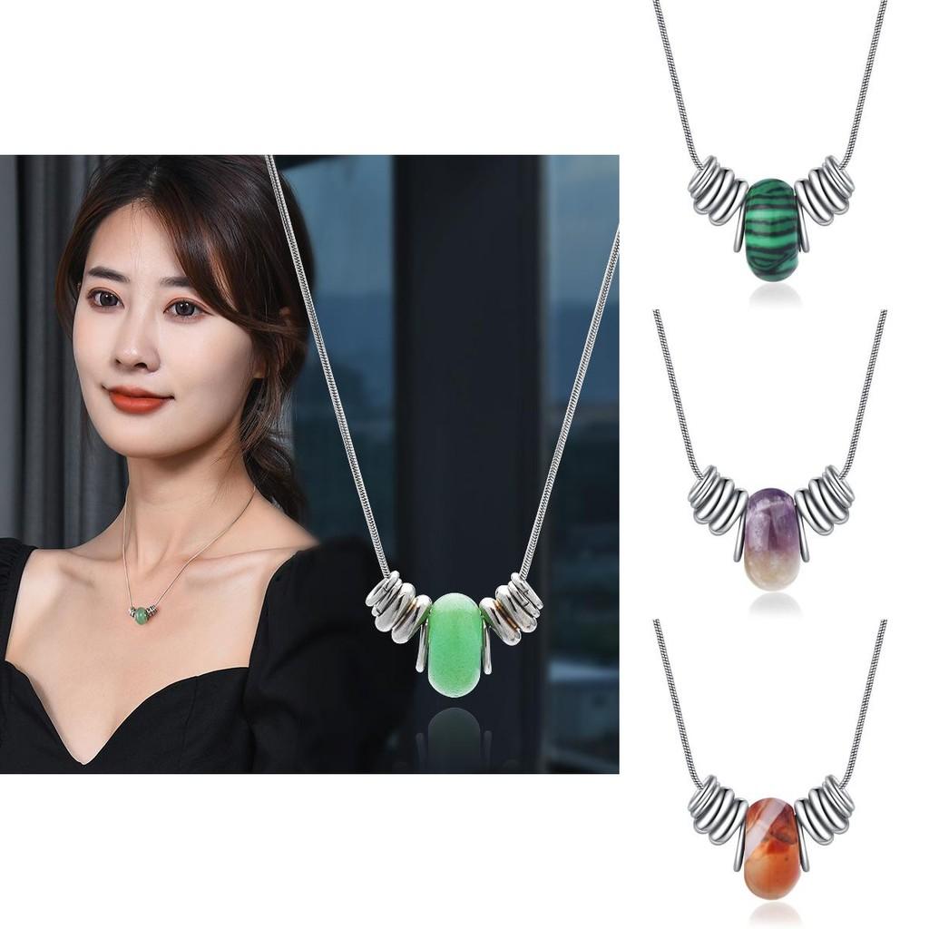 Elegant Natural Crystal Necklace For Women With Geometric Design And Titanium Steel Charm