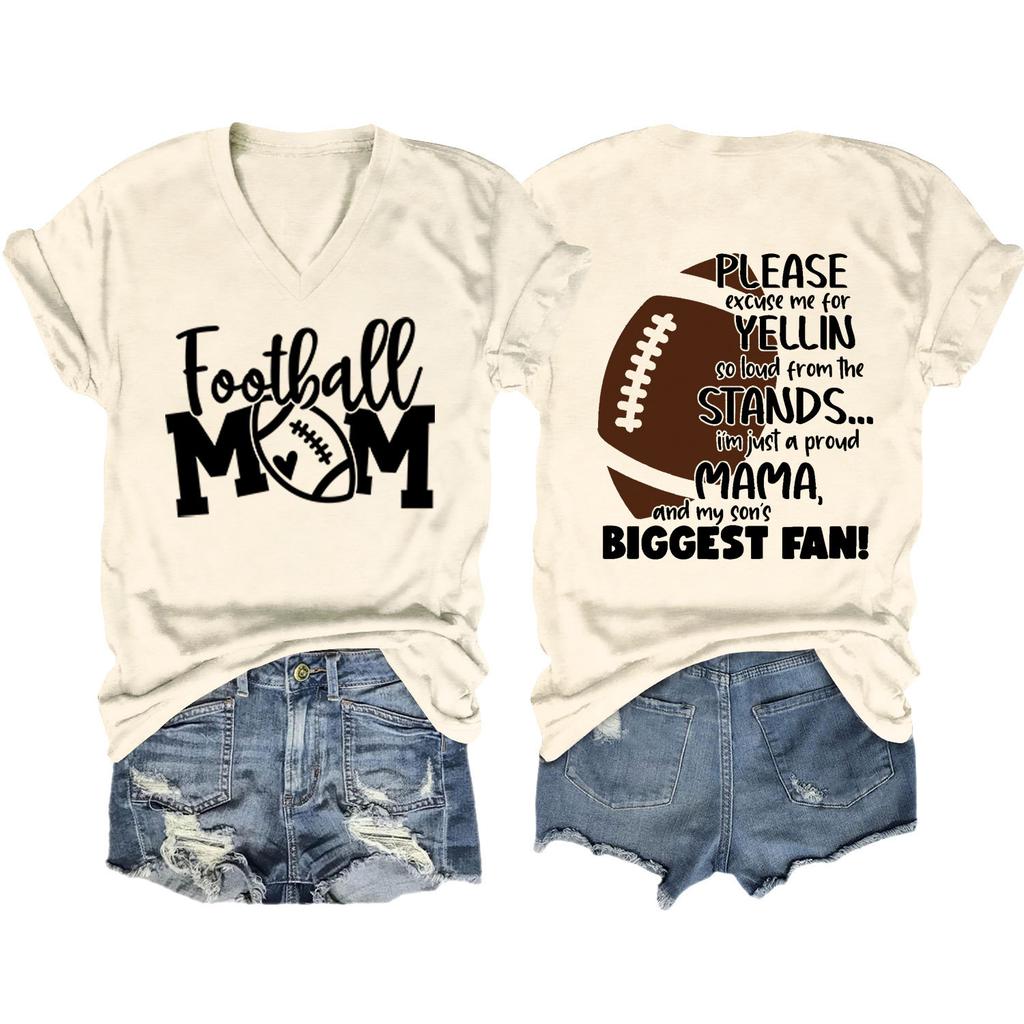 Summer new Vneck Tshirt Football Mom print loose casual shortsleeved top ladies all fashion pullover