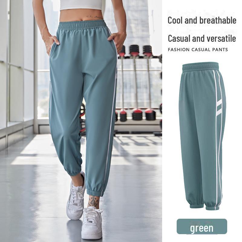 Juyitang Women's High-Waist Striped Yoga Leggings - Summer Slim Fit Nine-Point Running Pants