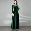 Elegant Autumn/Winter Golden Velvet V-Neck Pleated A-Line Dress with Waist-Cinching and Wide Hem