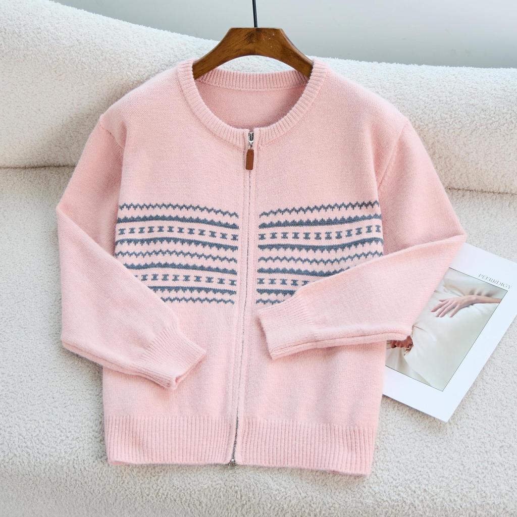 Korean Crew Neck zipper knitted cardigan women's 2025 autumn winter loose outer wear lazy wind lapel print sweater jacket coats