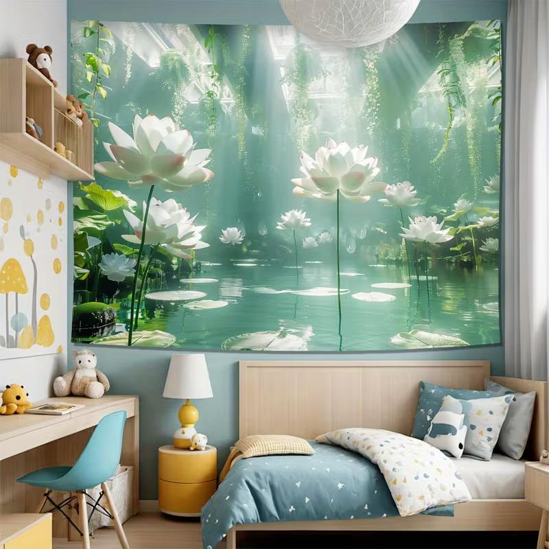 2D Ethereal Green Lotus Pond Tapestry Fantasy Nature Water Lily Art Wall Decor Cloth for Home & Bedroom