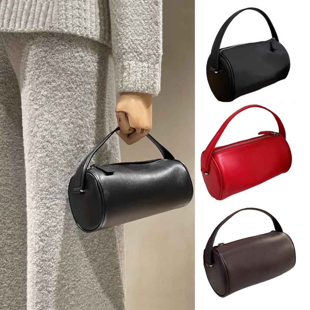 Penar Cilindric Retro din Piele de Oaie pentru Femei, Mini Geantă de Mână - Colecția Toamnă/Iarnă