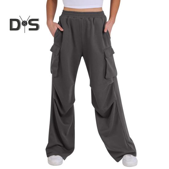 Women Cargo Pants Elastic Waist Mid-rise Straight Wide Leg Sweatpants with Multi Pockets Solid Color Casual Jogging Pants Loose Lounge Pants