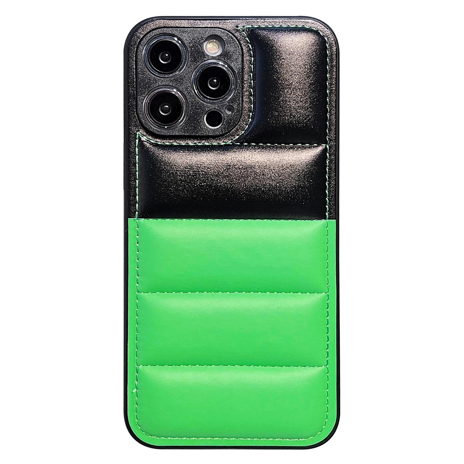 

For iPhone 16 Pro Case Anti-Scratch Down Jacket PU Leather+TPU Phone Cover Green