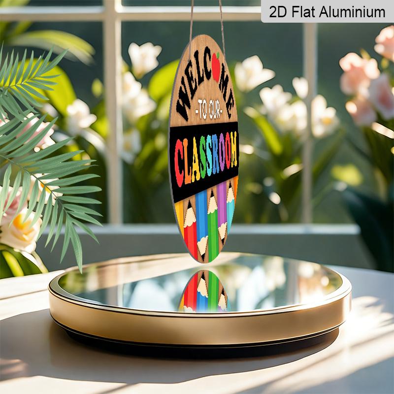 2D Flat, 1pc Welcome To Our Classroom Aluminum Hanging Sign, Colorful Pencil Apple Print, Indoor Wall Hanging Decor, Back to School Decor Suitable