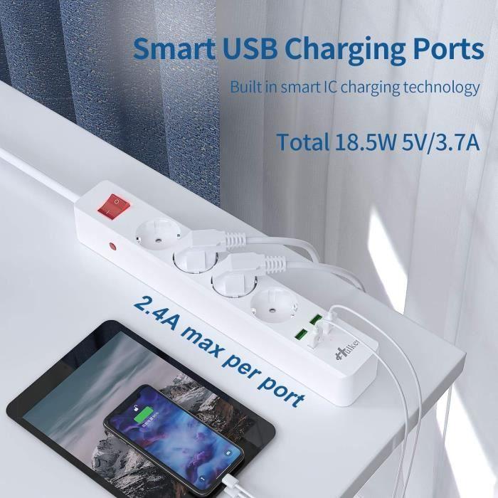 Prise Multiprise - SANAG - 4 Voies - 4 Ports USB - Protection Contre Surcharges - 1,6M