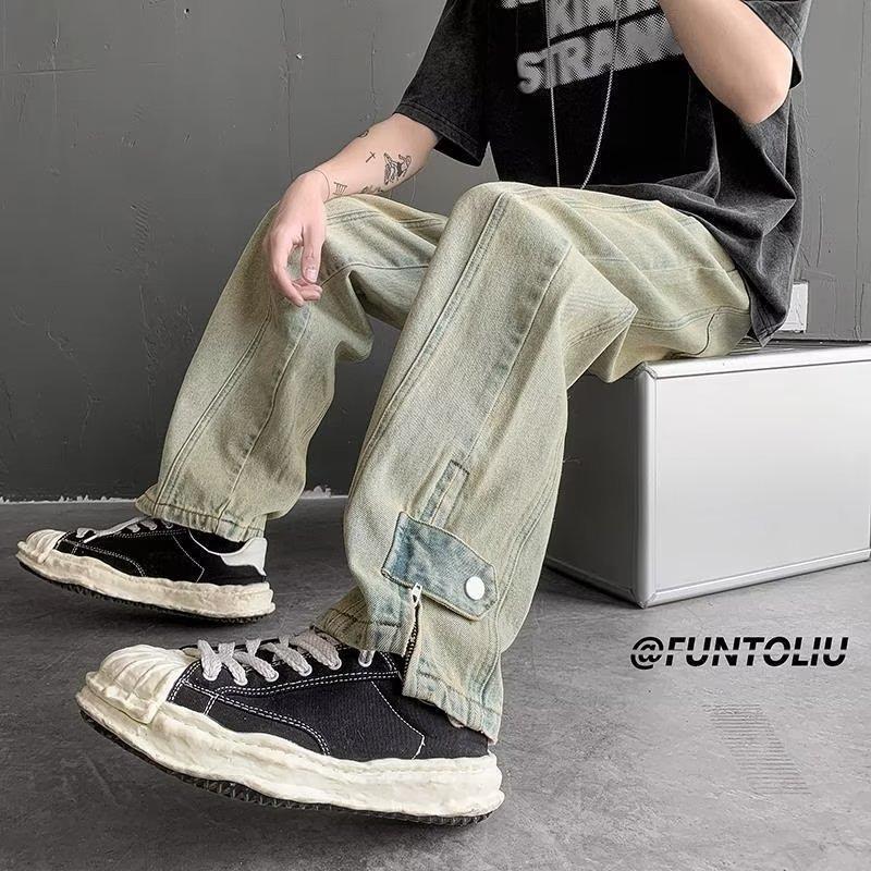 JYL Мужские Джинсы Летние Модные Универсальные Прямые На Молнии Харадзюку Стиранный Деним S