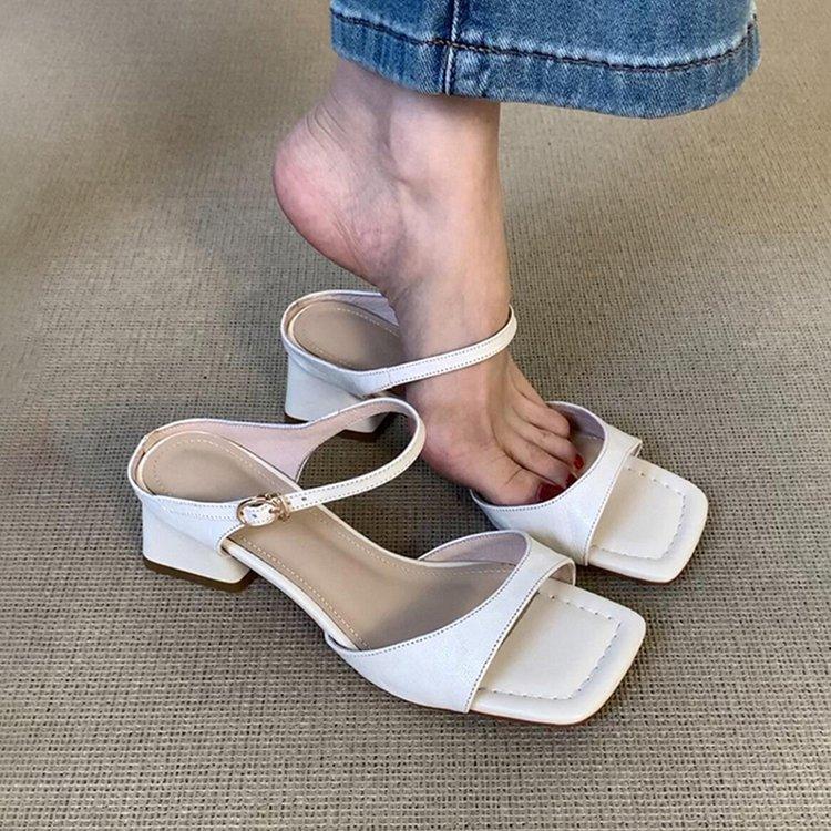 

Soft leather version~ Simple temperament thick heel square head sandals women s retro versatile skirt elegant fashion commuter sandals 35 белый