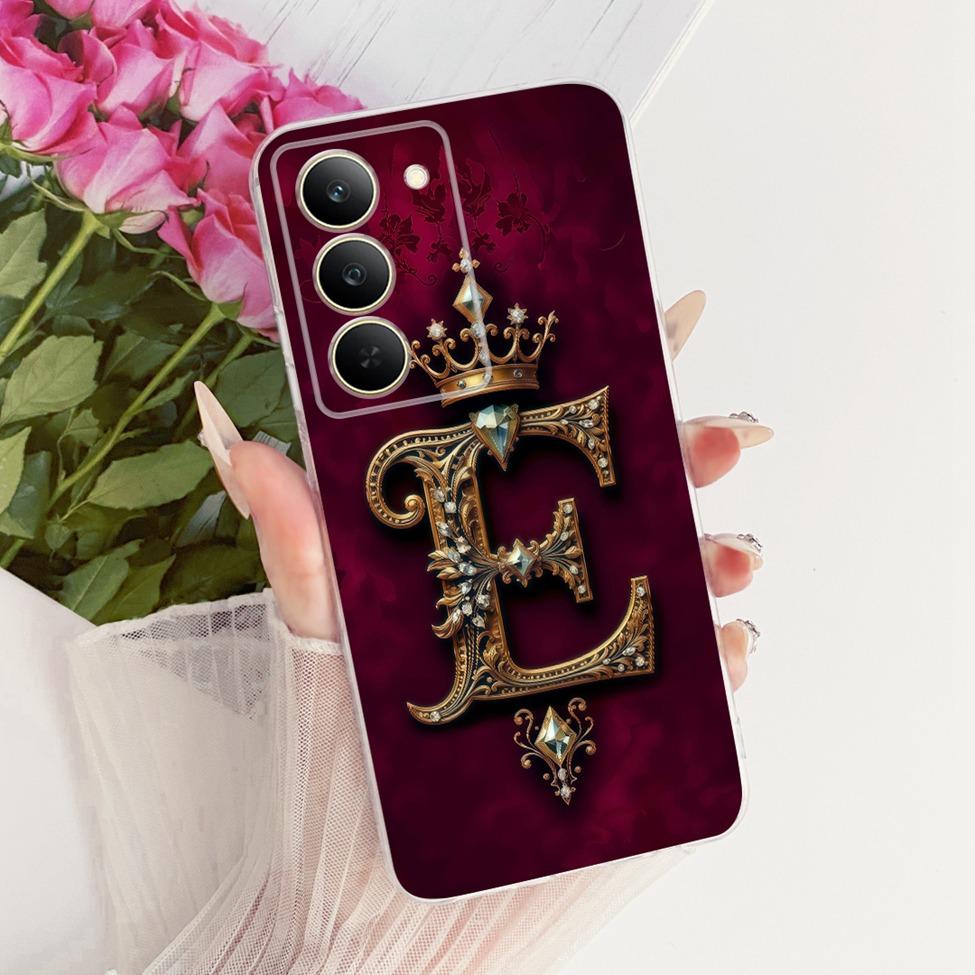Cover For Realme 14x 5G India Case RMX3940 Transparent Luxury Crown A-Z Letters 2D Flat Pattern Soft Phone Case
