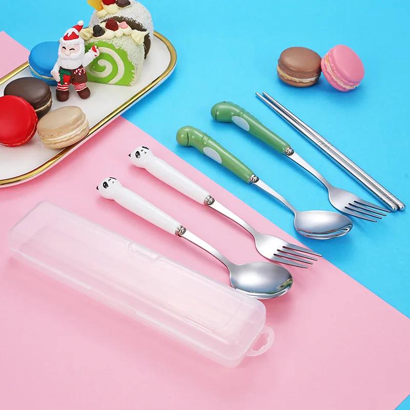 Ins Cartoon Bear Dragon Spoon Fork Chopsticks Cutlery Set for Children Kids School Cute Portable Stainless Steel Tableware