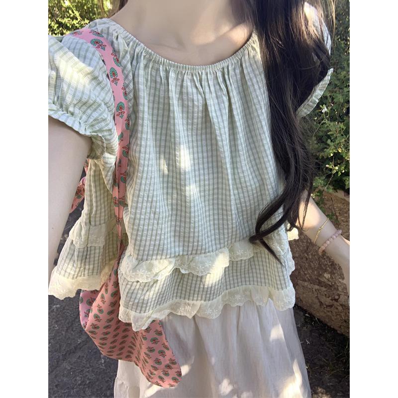 

Летняя милая и игривая клетчатая универсальная блузка с рукавами-буфами, свободная кружевная блузка L