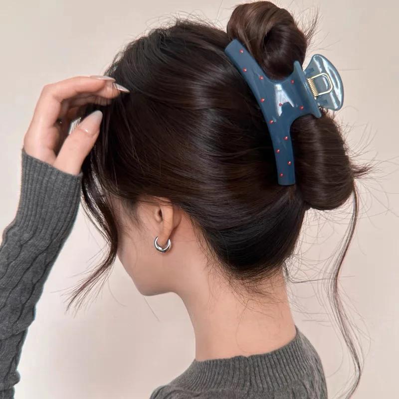 Vintage Blue Polka Dot Red Bow Hair Clip Shark Claw Clamp Hairpin Barrette Korean Hair Headwear Accessory For Women Christmas