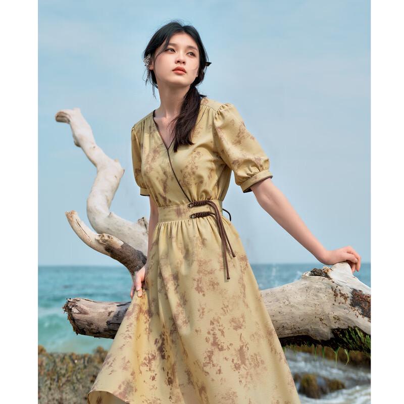 New Chinese Style V-Neck Midi Dress S