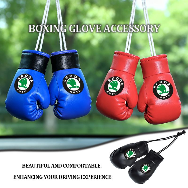 UMVB1 For Skoda Car Badge Boxing Gloves Keychain Hanging Rearview Mirror Decoration Pendant Accessories Kamiq MK3 Roomster Rapid