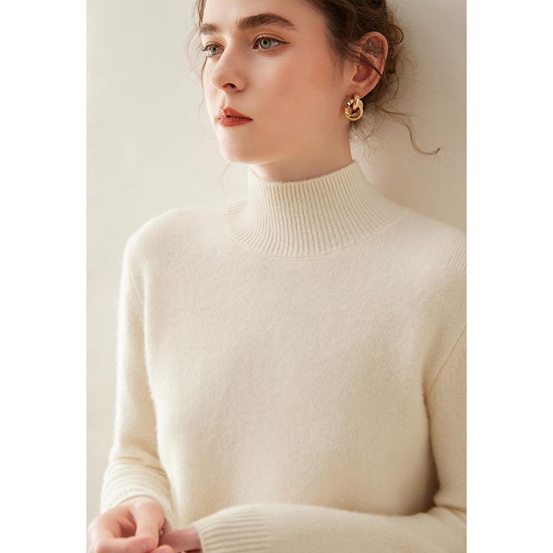 Women's Cashmere Half High Neck Slimming Solid Color Sweater for Autumn/Winter