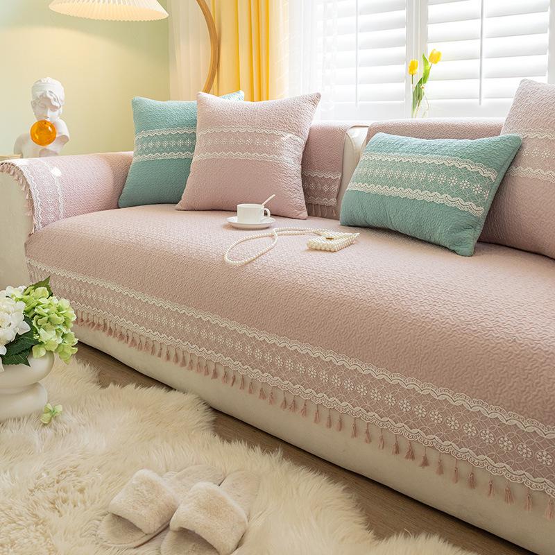 Cotton Pink Sofa Cushion for All Seasons, Non-slip Cushion, Simple Sofa Cover, Backrest Towel, Full Cover Cloth