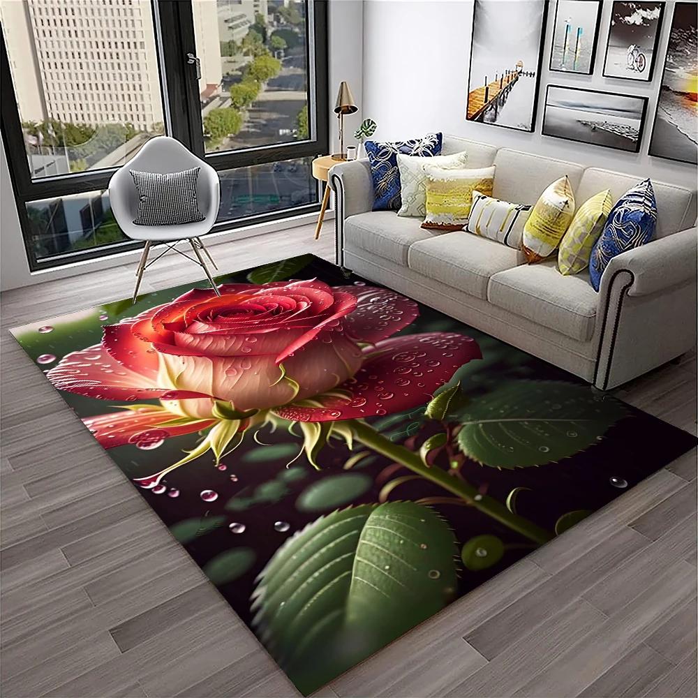 Romantic Rose Flower Carpet Home Living Room Area Rug Bedroom Doormat Non-slip Foldable Washable Floor Mat For Entryway Hallway